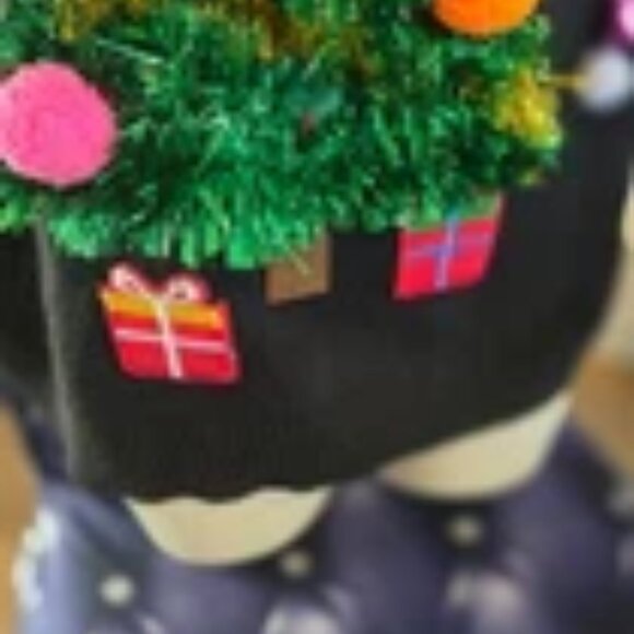 Fun sweater for office holiday competition. Ornaments have been hand sewn on - Picture 3 of 8
